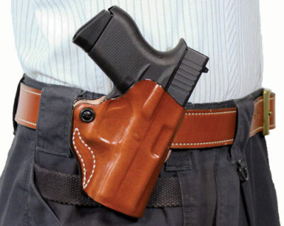DESANTIS MINI SCABBARD HOLSTER – RH OWB LEATHER 380 SHLD EZ TAN