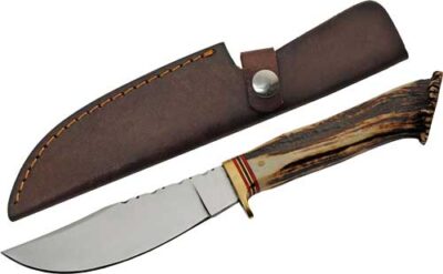 SZCO STEEL STAG 5″ STAG HUNTER – DEER ANTLER HANDLE SS BLADE