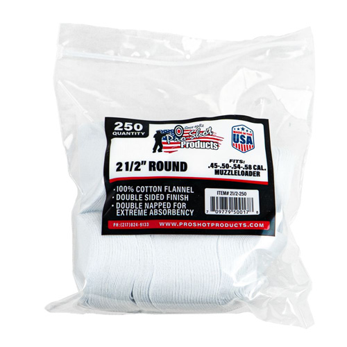 COTTON FLANNEL PATCHES – .45-.48 CALIBER, 2 1/2 ROUND, 250 COUNT