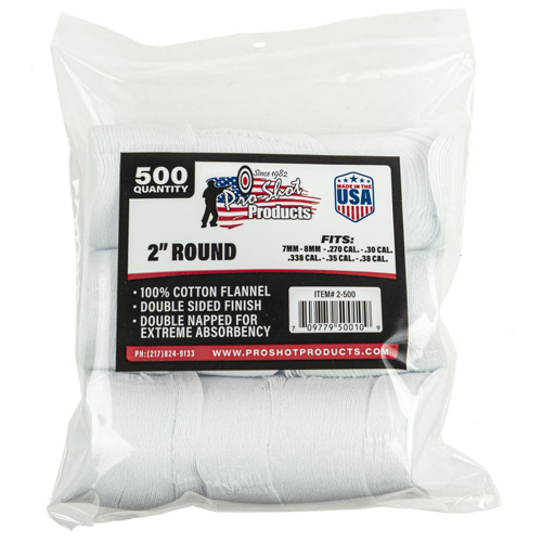 COTTON FLANNEL CLEANING PATCHES – 2″ ROUND – .270-.38 CALIBER, 500 COUNT