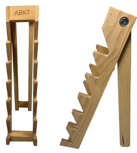 ABKT WOOD KNIFE DISPLAY STAND – HOLDS 6 KNIVES W/ABKT LOGO