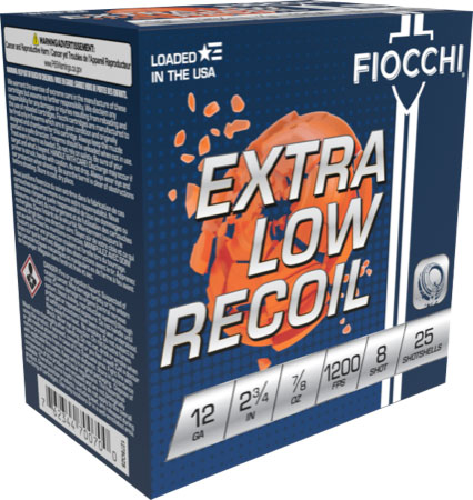 FIOCCHI LOW RECOIL 12GA 2.75″ – 7/8OZ #8 1200FPS 250RD CASE